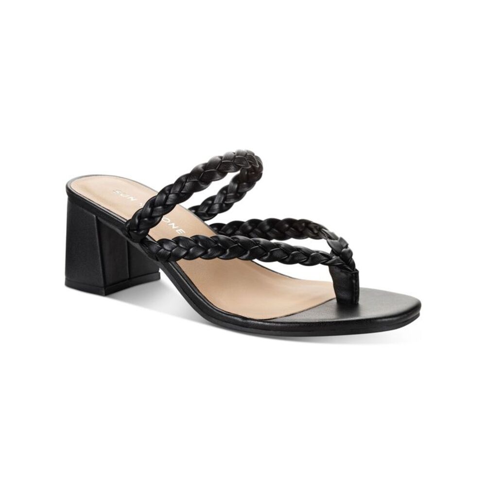 SUN STONE Womens Black Thong Wiinnie Round Toe Block Heel Slip On Sandals 9.5 M